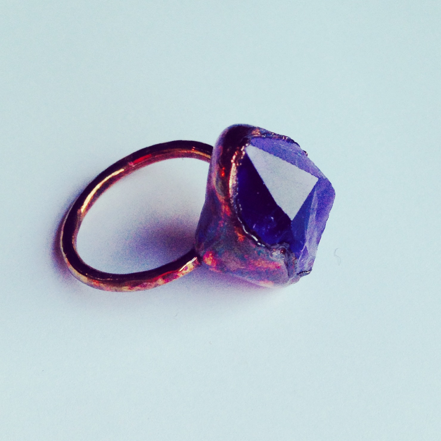 amethyst crystal ring (brazil) electroformed in copper with added patina (size 7)