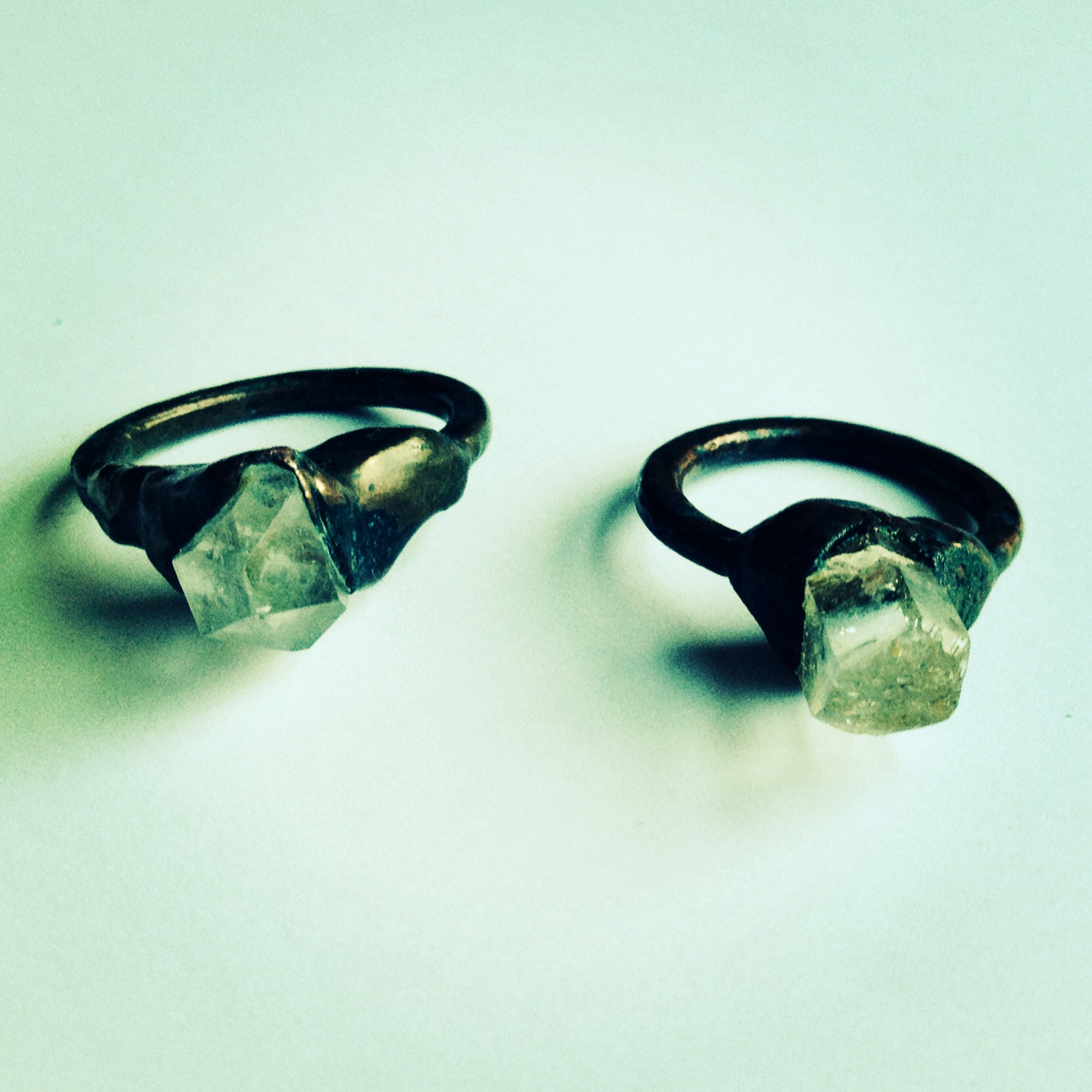 quartz crystal rings (arkansas) electroformed in copper with added patina