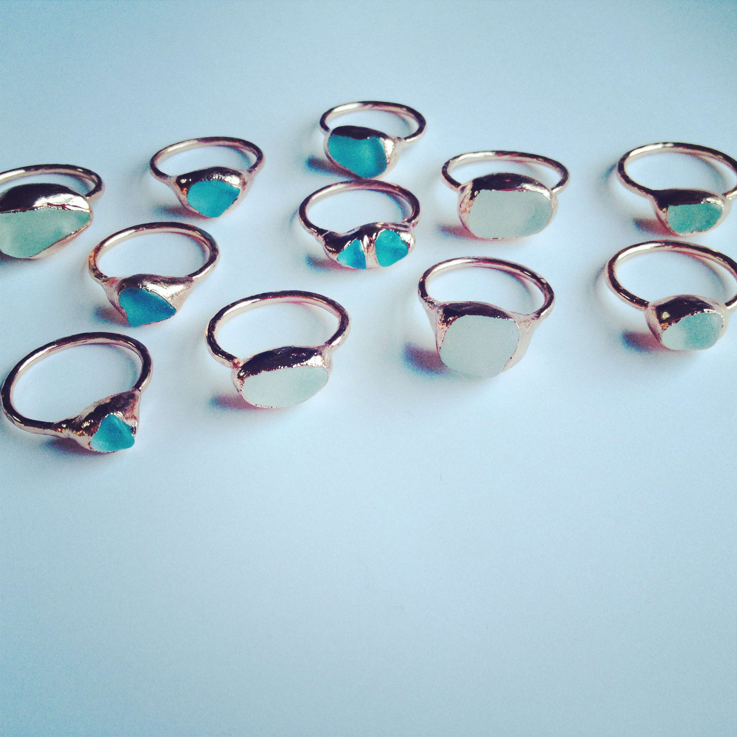 found sea glass stacking rings (mendocino, ca) electroformed in shiny copper